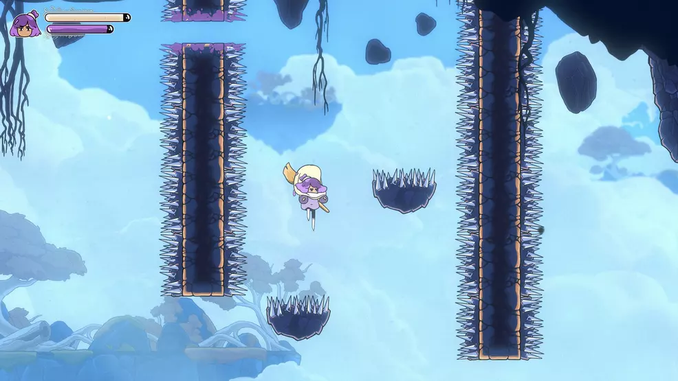 Constance falling in between several platforms containing spikes. This is the middle of one of the game's several platforming puzzles.