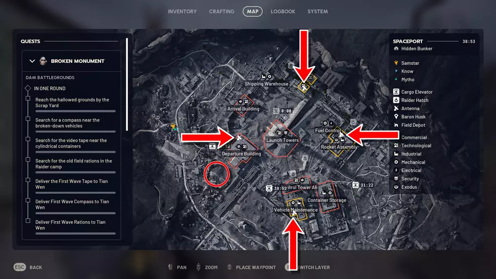 Spaceport map showing the location of the four antennas and the Hidden Bunker