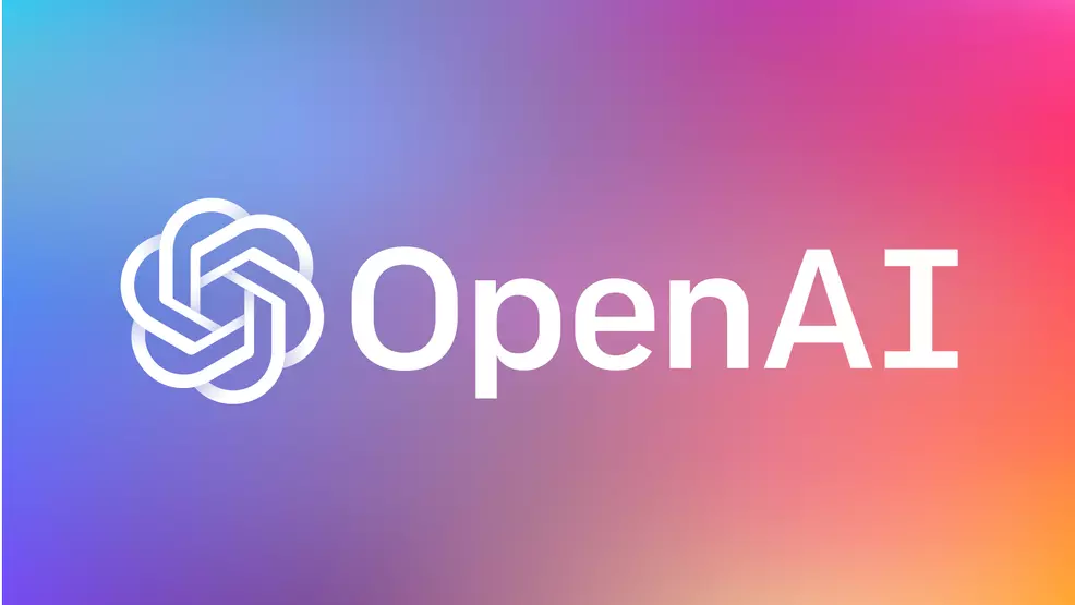 The OpenAI logo on a multicolored backrgound.