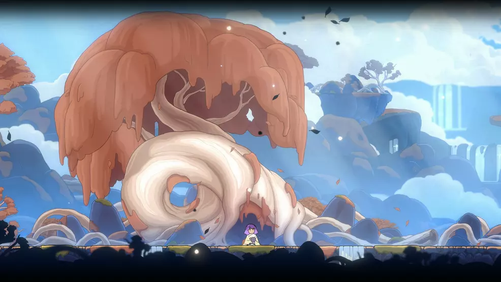 Constance sitting in a field. A large, looping tree with orange leaves stands behind her. Floating islands can be seen in the background.