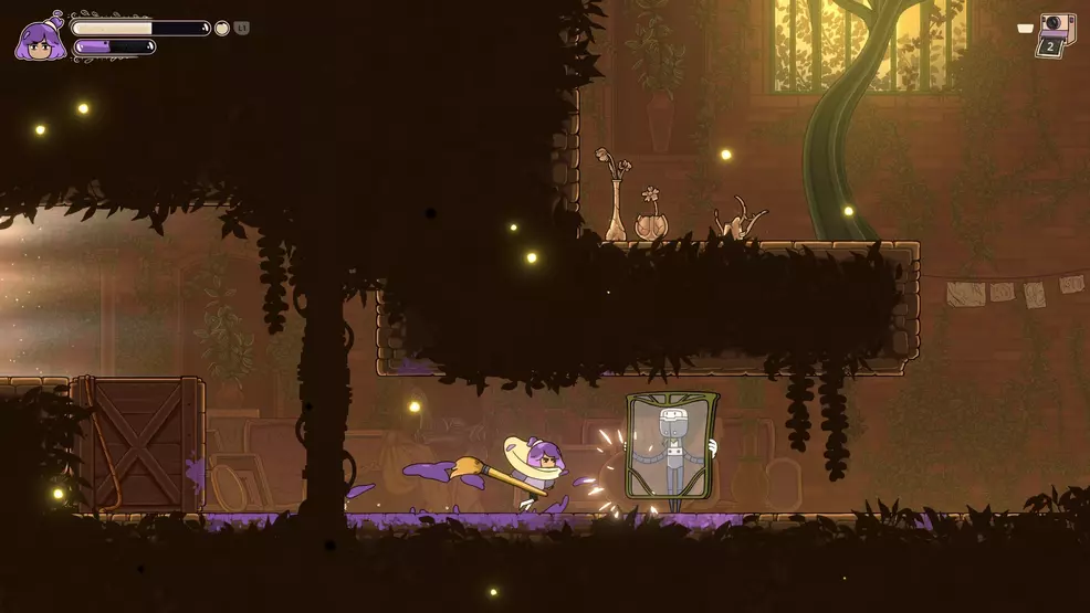 Constance attacking a robot enemy that's holding up a window as a shield.