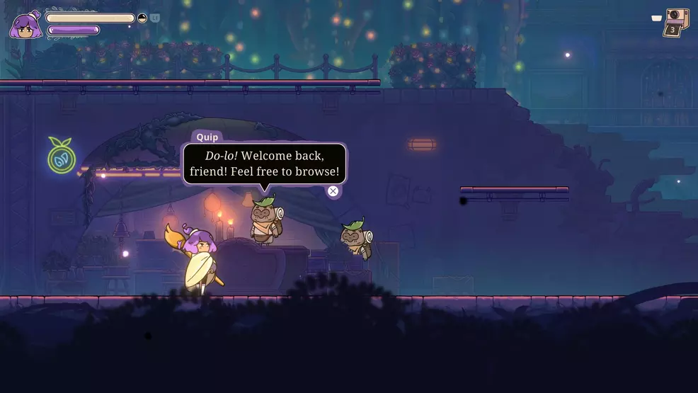 Constance talking to Quip, the game's shopkeeper.