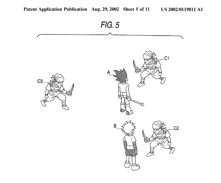 A drawing from Konami's Yabe patent in 2002, showing two characters battling with one in player control.