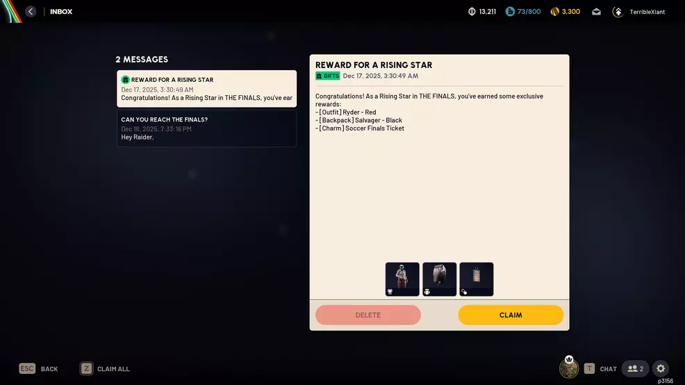 The in-game mail to claim The Finals skin in ARC Raiders.