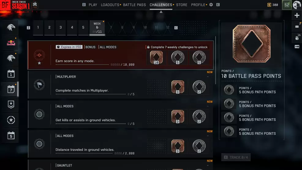 The Season 1 weekly challenge screen in Battlefield 6.