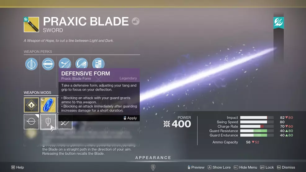 Selecting the Defensive Form for the Praxic Blade in Destiny 2.