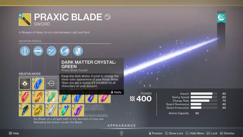 Selecting the green color for the Praxic Blade in Destiny 2.
