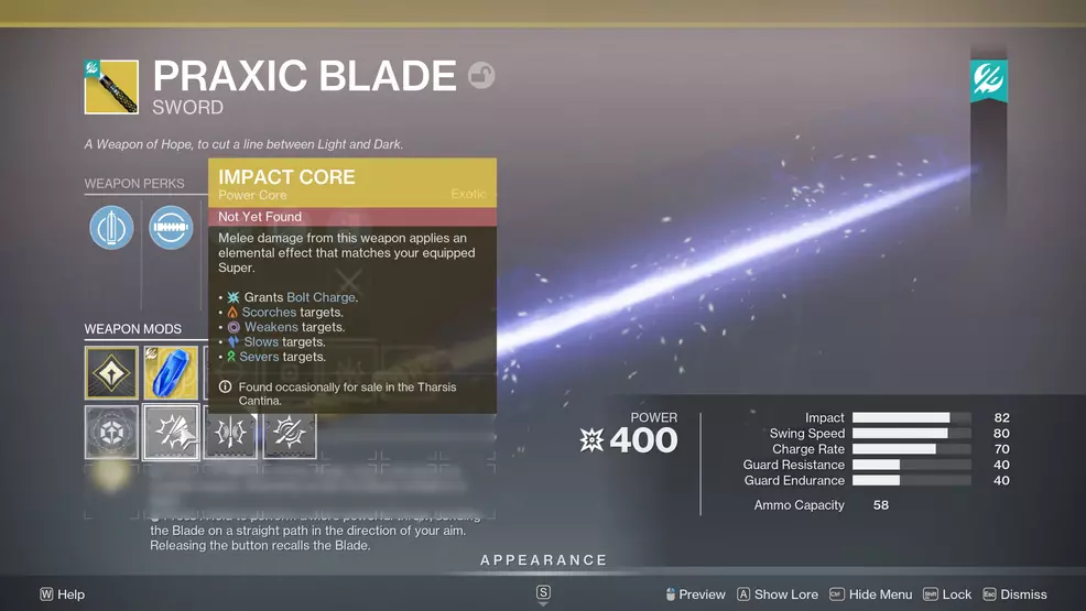 The Impact Core select screen for the Praxic Blade in Destiny 2.