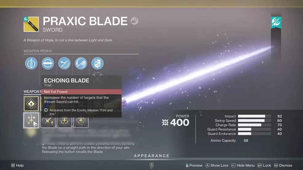 Selecting the Echoing Blade Exotic Catalyst for the Praxic Blade in Destiny 2.