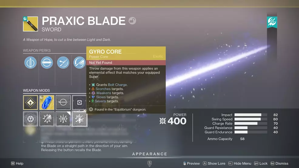 Selecting the Refraction Core for the Praxic Blade in Destiny 2.