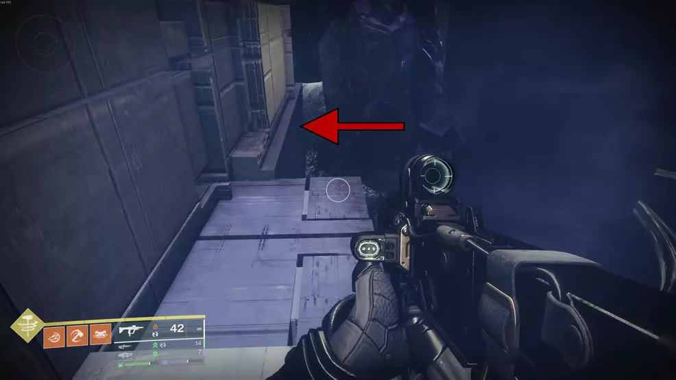 Pointing to a tiny ledge needed to progress in the Fire and Ice Exotic mission in Destiny 2: Renegades.