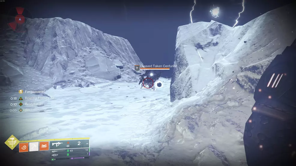 A cleaved Taken Centurion during the balance the scales encounter in the Fire and Ice Exotic mission in Destiny 2: Renegades.