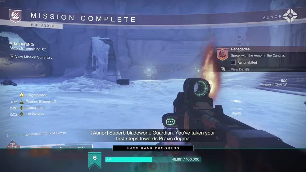 The Fire and Ice mission complete screen in Destiny 2: Renegades.