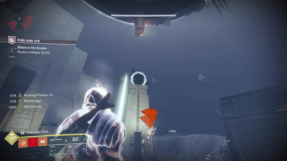 A small Taken Blight above a column while going for the Hyperblade Praxic Blade Exotic Catalyst in Destiny 2.