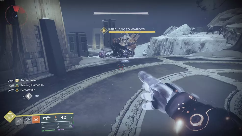 An Imbalanced Warden in the first encounter of the Fire and Ice Exotic mission in Destiny 2.