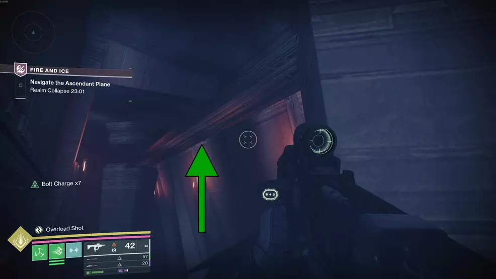 The railing that leads toward the fifth Oddity for the Echoing Blade Praxic Blade Exotic Catalyst in Fire and Ice in Destiny 2.