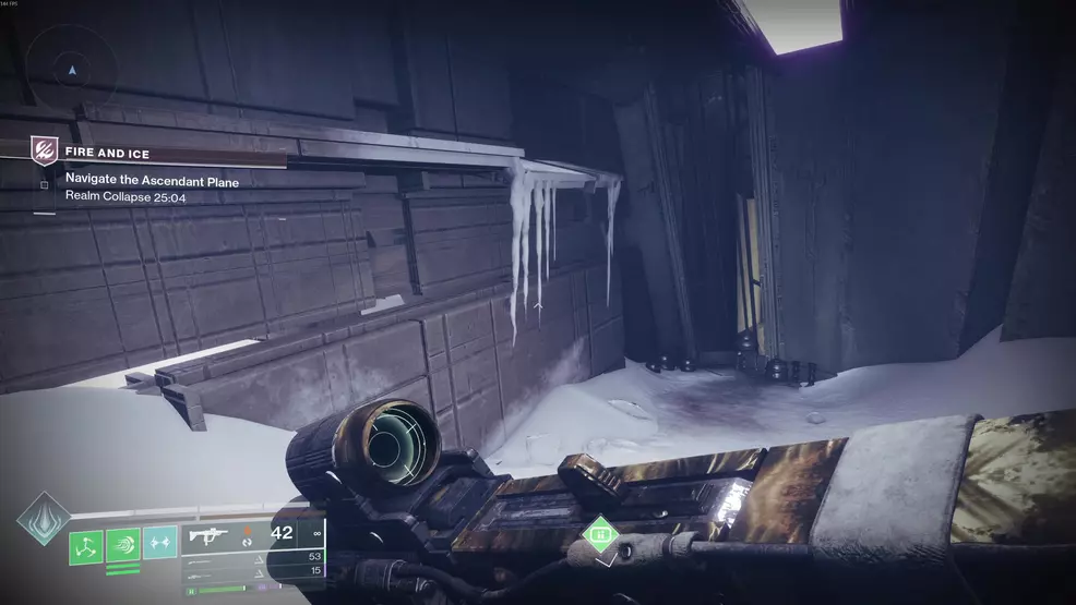 The icicle-covered jump up leading to the fourth Oddity for the Echoing Blade Praxic Blade Exotic Catalyst in Fire and Ice in Destiny 2.