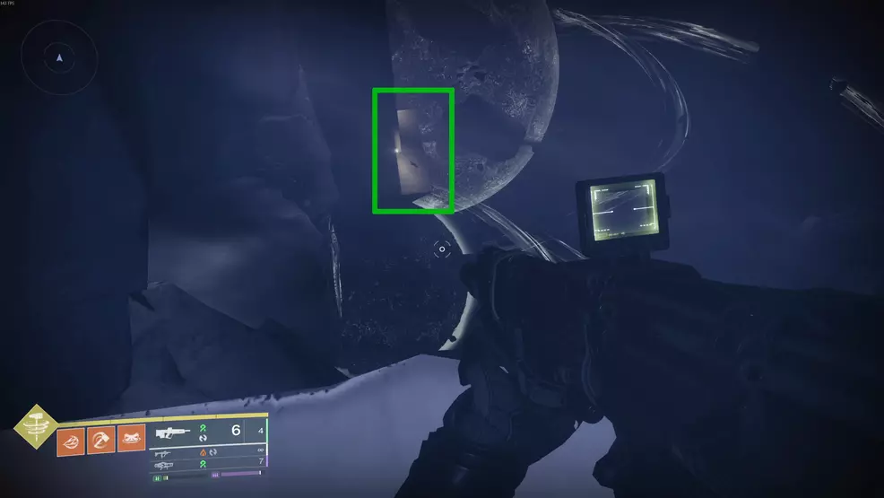 A well-lit platform far below the player in the Fire and Ice Exotic mission in Destiny 2: Renegades.