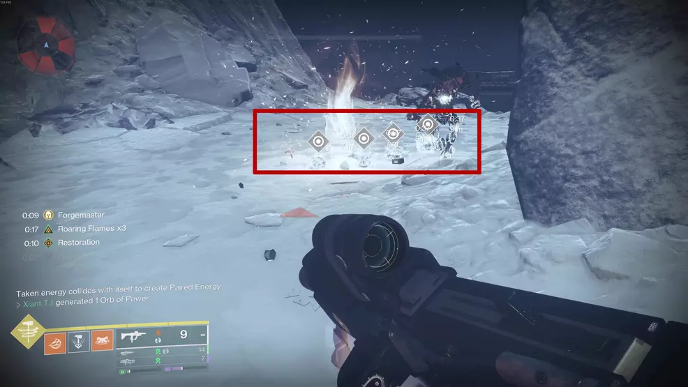 Four Paired Energy orbs on the ground in the Fire and Ice Exotic mission in Destiny 2: Renegades.