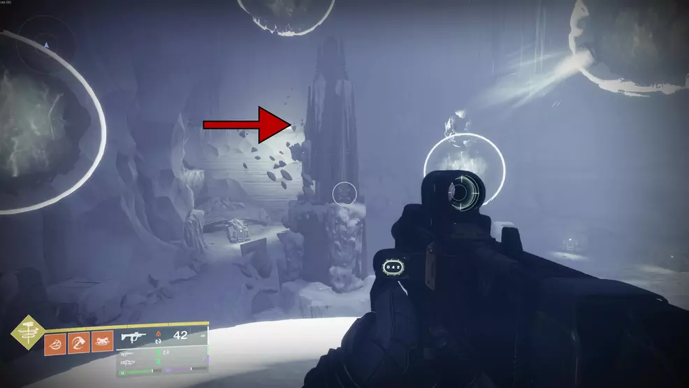 The hollow pillar leading deeper into the Ascendant Plane in the Fire and Ice Exotic mission in Destiny 2: Renegades.