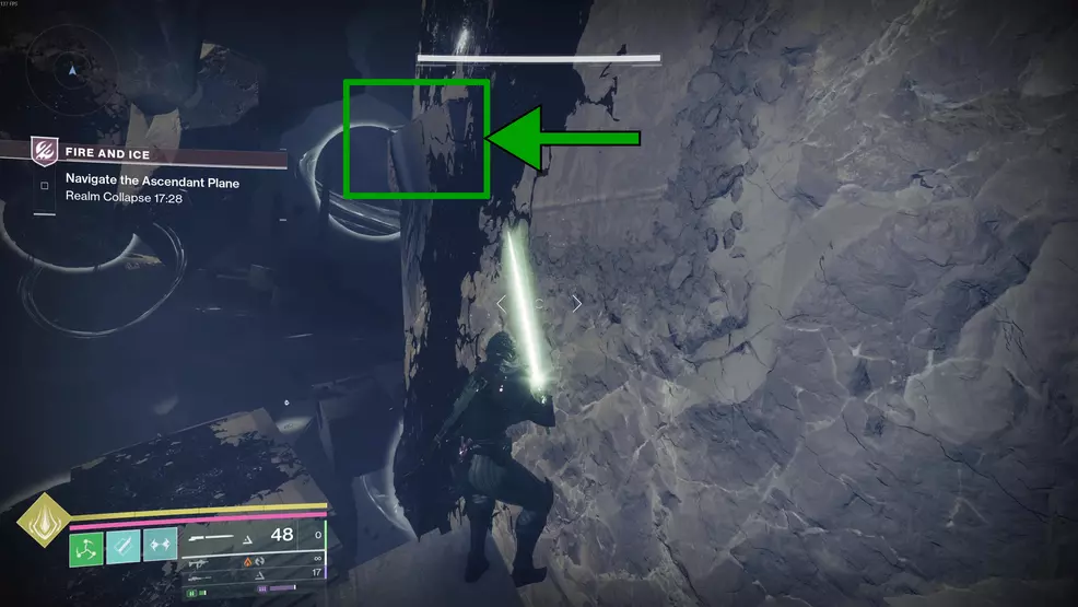A tiny ledge leading to the seventh Oddity for the Echoing Blade Praxic Blade Exotic Catalyst in Fire and Ice in Destiny 2.