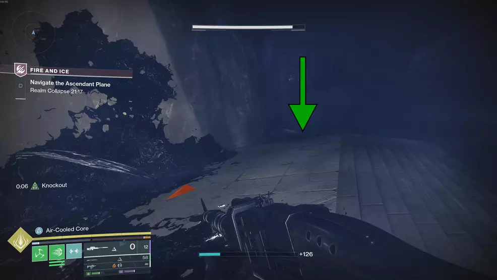 The path to the platform leading to the sixth Oddity for the Echoing Blade Praxic Blade Exotic Catalyst in Fire and Ice in Destiny 2.