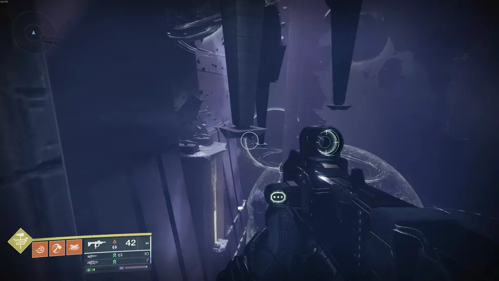 Three hanging platforms over the final chasm in the Fire and Ice Exotic mission in Destiny 2: Renegades.