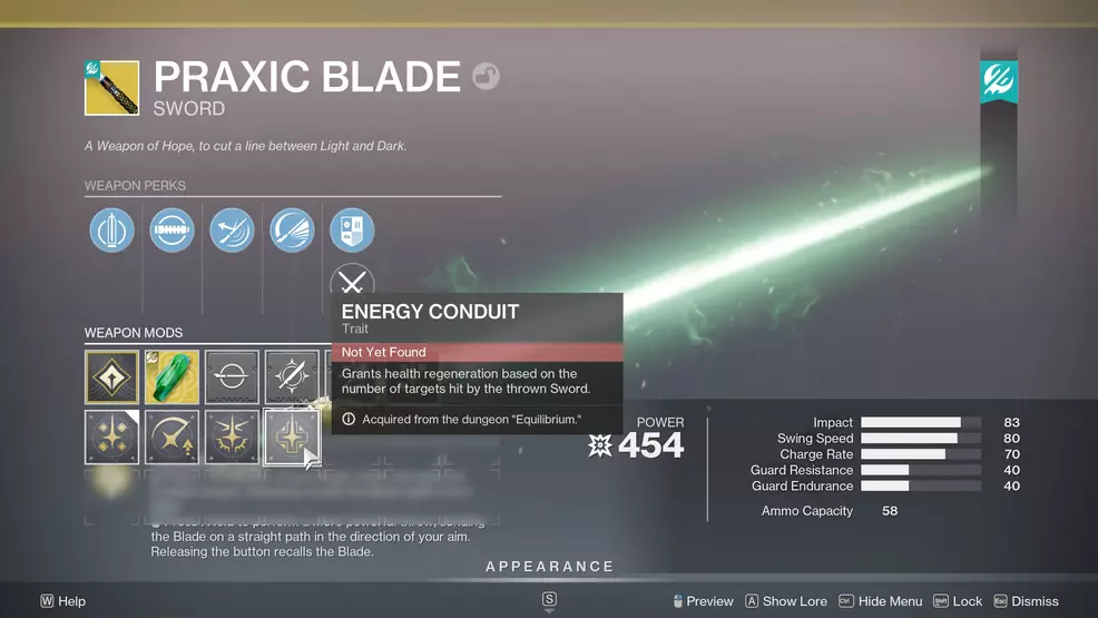 Selecting the Energy Conduit Praxic Blade Exotic Catalyst in Destiny 2: Renegades.