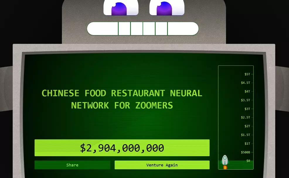 Bubbletron values a start-up for a Chinese food restaurant neural network for zoomers at $2,904,000,000.