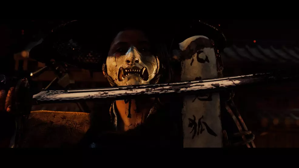 Atsu wearing a mask and wielding a sword in Ghost of Yotei.