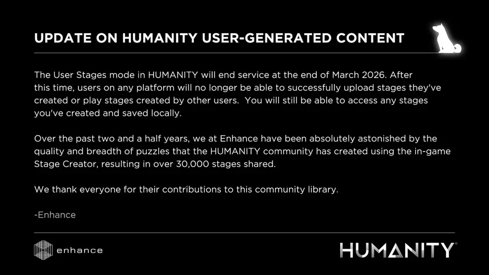 The User Stages mode in HUMANITY will end service at the end of March 2026. After this time, users on any platform will no longer be able to successfully upload stages they’ve created or play stages created by other users. You will still be able to access any stages you’ve created and saved locally. Over the past two and a half years, we at Enhance have been absolutely astonished by the quality and breadth of puzzles that the HUMANITY community has created using the in-game Stage Creator, resulting in over 30,000 stages shared. We thank everyone for their contributions to this community library.
