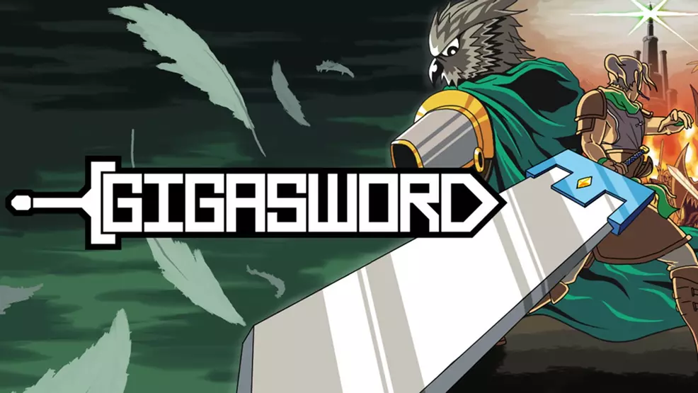 Gigasword's key art, featuring a swordsman and an owl creature alongside the title