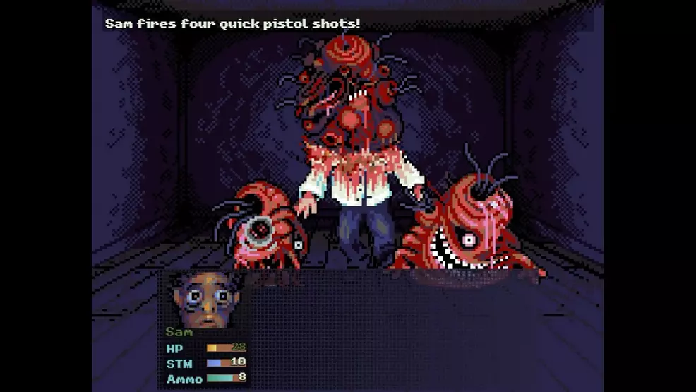 Facing down and shooting at a grotesque fleshy monster in Look Outside