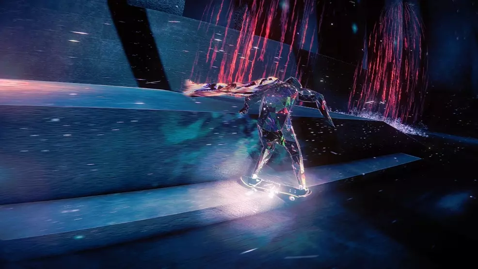 A glass demon grinds a rail on a skateboard in Skate Story