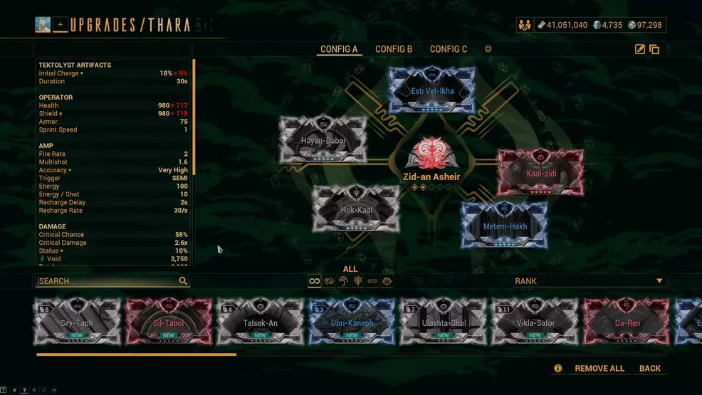 The Operator Mods screen in Warframe