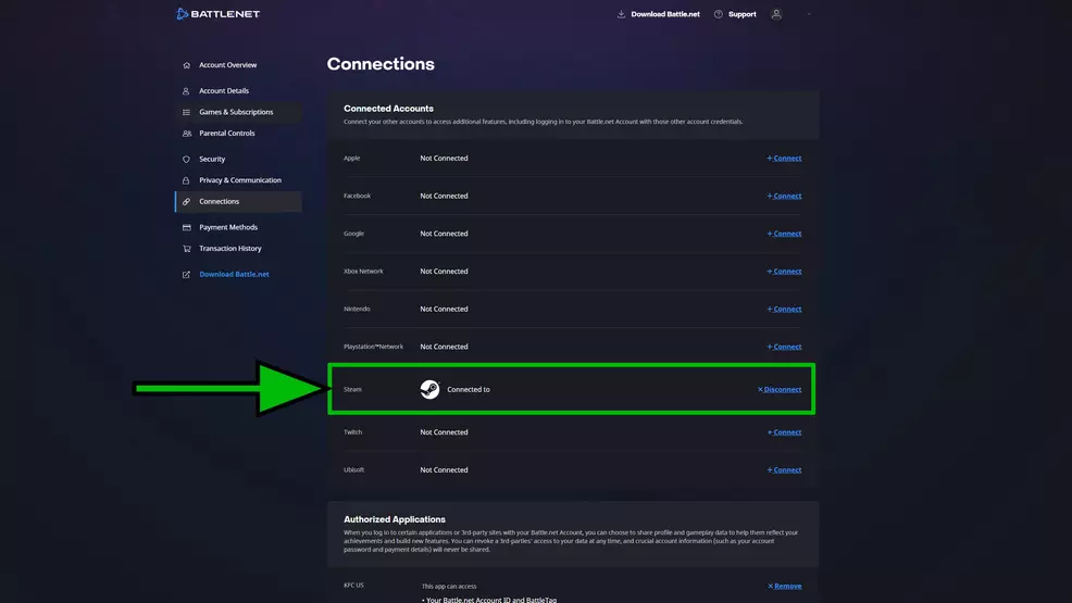 Succesfully connected Battle.net and Steam accounts.