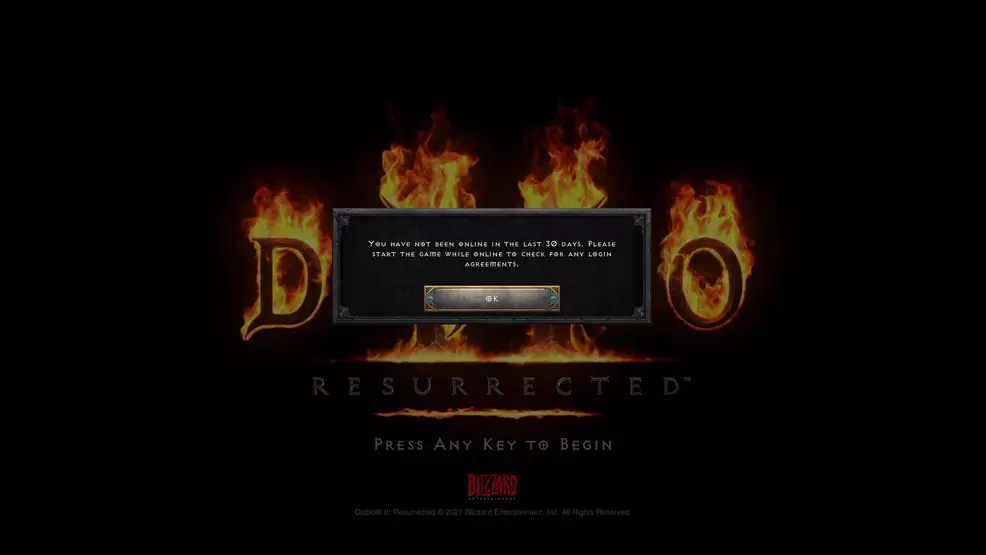 The 30 day no connection error in Diablo II: Resurrected.