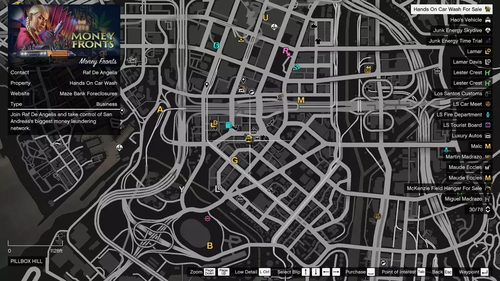 The location of the Hands On Car Wash in GTA Online