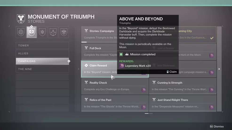 Claiming the Above and Beyond Triumph in Destiny 2.