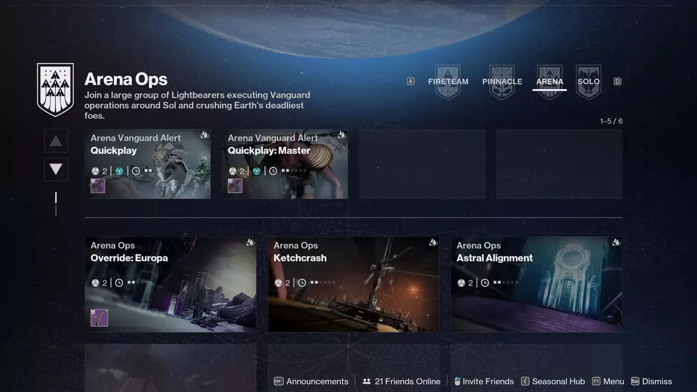 The Arena Ops menu in Destiny 2.