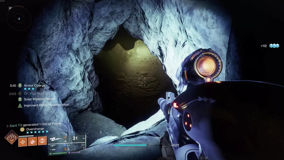 The drop down to a greenlit cave in the Beyond mission in Destiny 2.