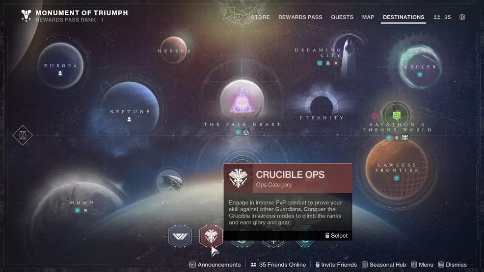 The Crucible Ops node on the Director screen in Destiny 2.