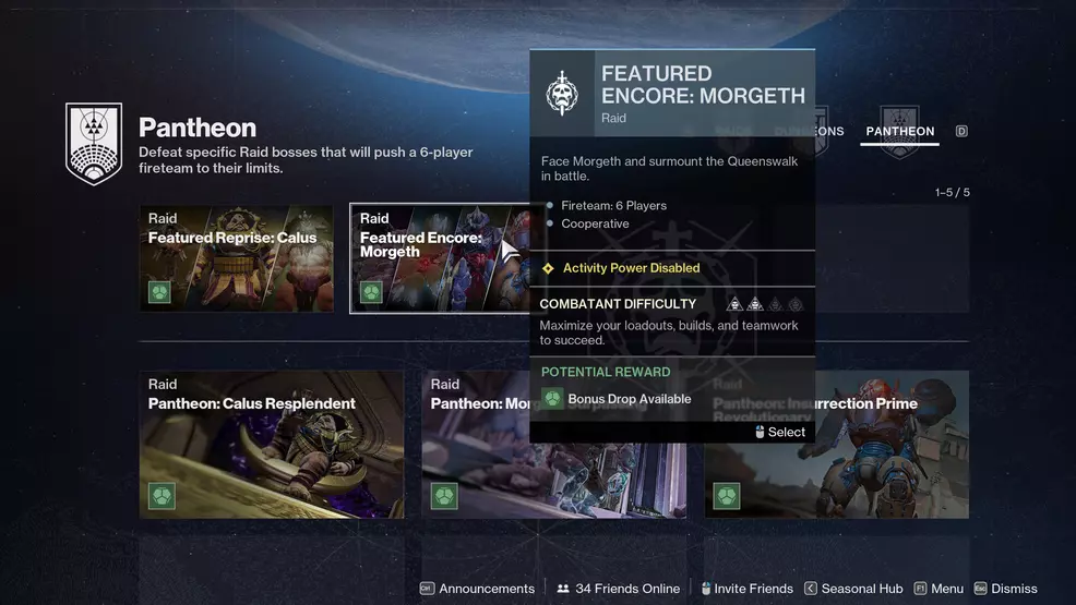 Morgeth as the Featured Encore encounter in the Destiny 2 Pantheon.