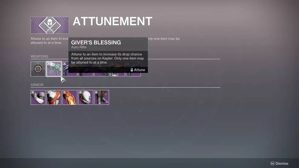 Attuning the Giver's Blessing on Kepler in Destiny 2.