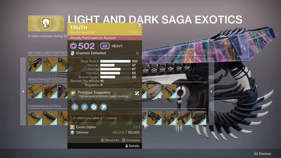 Buying the Truth Exotic Rocket Launcher in Destiny 2.