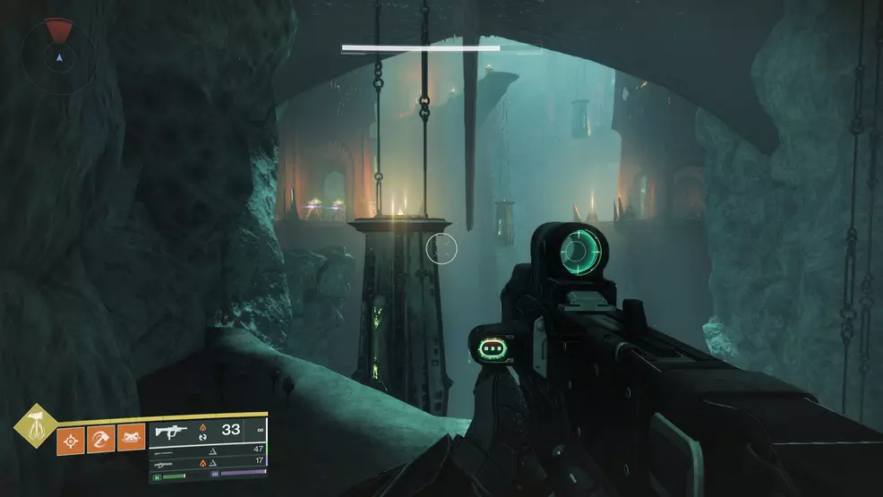 A large chasm with hanging sarcophogi in the Oblation: Bloodline Exotic Mission in Destiny 2.