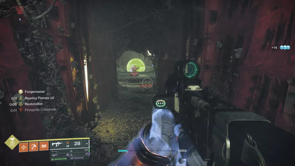 A hallway leading to a Soulfire Vessel in the Oblation: Bloodline Exotic Mission in Destiny 2.