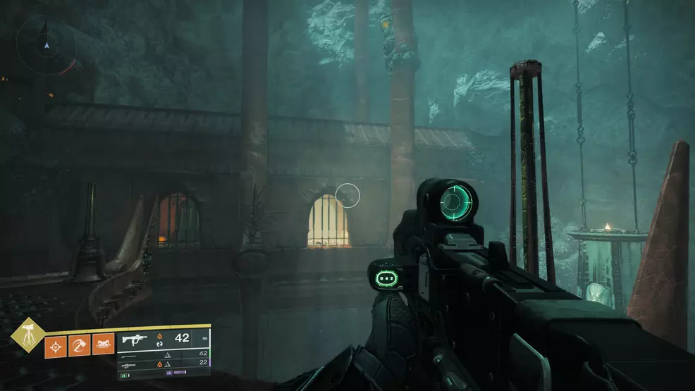 A large, barred-off hall in the Oblation: Bloodline Exotic Mission in Destiny 2.