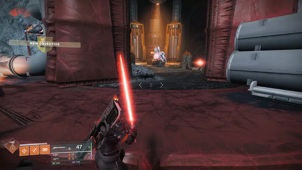 A switch guarded by a shielded enemy in the Oblation: Bloodline Exotic Mission in Destiny 2.