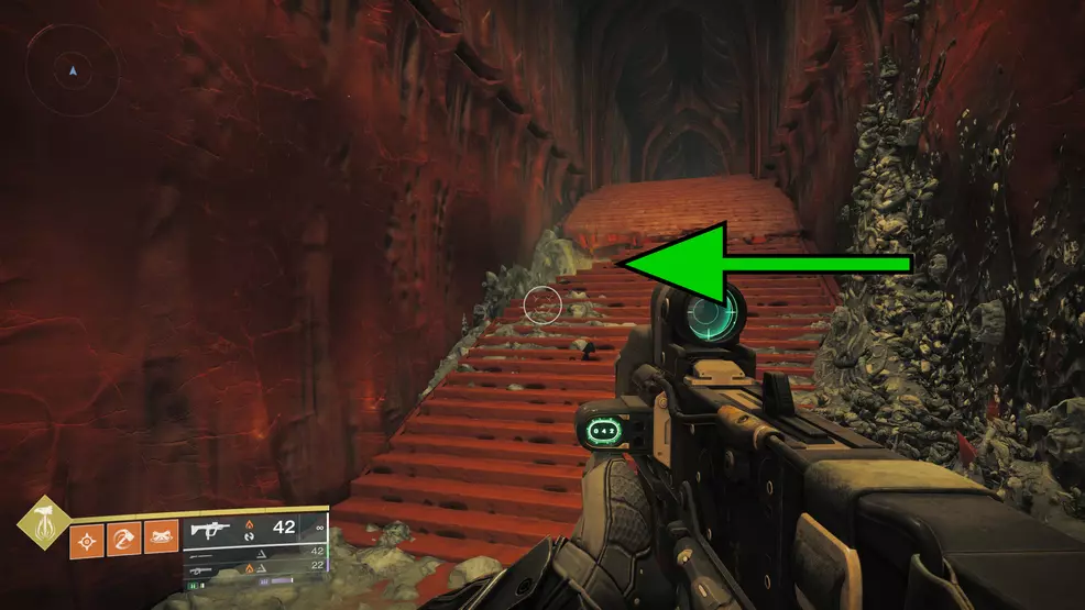 A hole in the stairs in the Oblation: Bloodline Exotic Mission in Destiny 2.